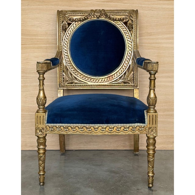 Mid 20th Century Pair of Louis XVI Style Giltwood Armchairs with Blue Klein Velvet For Sale - Image 17 of 18
