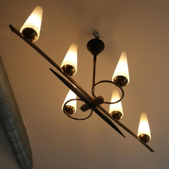 Art Deco Opaline and Brass Chandelier, 1950s For Sale - Image 4 of 18