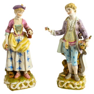 Dresden Style Hand-Painted Porcelain Figures, 1980s, Set of 2 For Sale