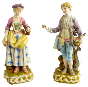 Dresden Style Hand-Painted Porcelain Figures, 1980s, Set of 2