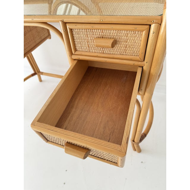 Vintage Glass Top Wicker Bamboo Dressing Table with Mirror by Angraves of Leicester, 1970s For Sale - Image 10 of 14