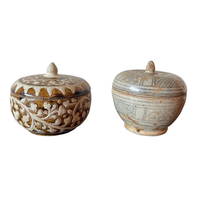 15th Century Thai Sawankhalok and Kalong Ceramic Covered Boxes- A Pair For Sale