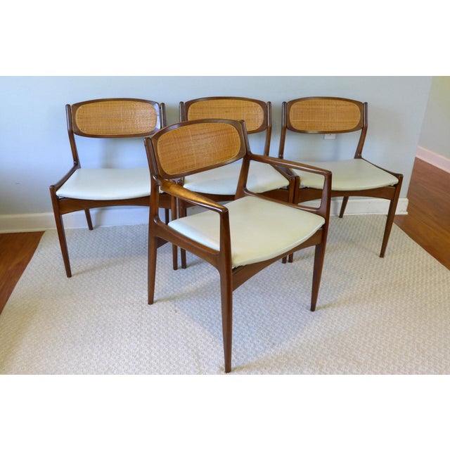 1960s Kofod Larsen for Selig Cane Back Walnut Dining Chairs with White Leather Seats Set of 4