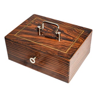 Amazing Antique Painted Faux Wood Metal Lock Strong Box With Key Home Office Decor For Sale