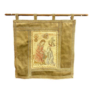 Vintage Medieval Revival Embroidered Wall Tapestry With Wood Rod For Sale