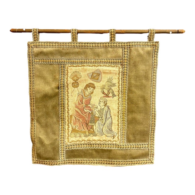 Vintage Medieval Revival Embroidered Wall Tapestry With Wood Rod For Sale