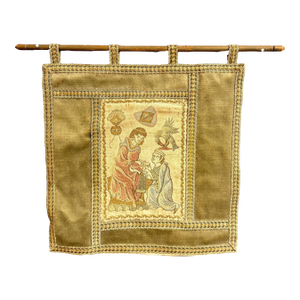 Vintage Medieval Revival Embroidered Wall Tapestry With Wood Rod