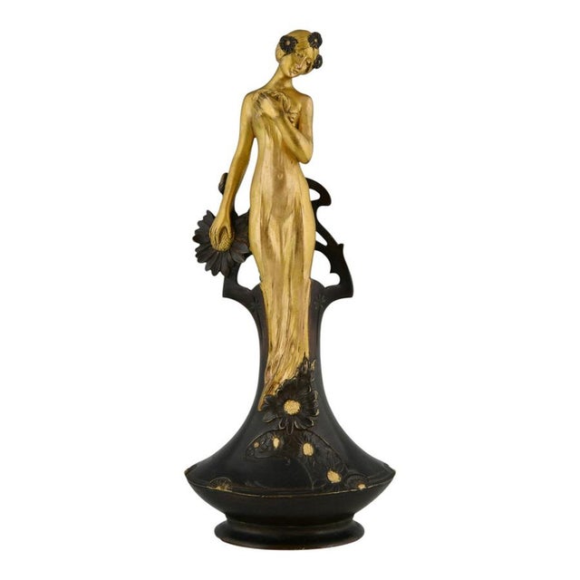 Art Nouveau Bronze Lady with Flowers Vase by Charles Korschann, 1900s For Sale - Image 11 of 11