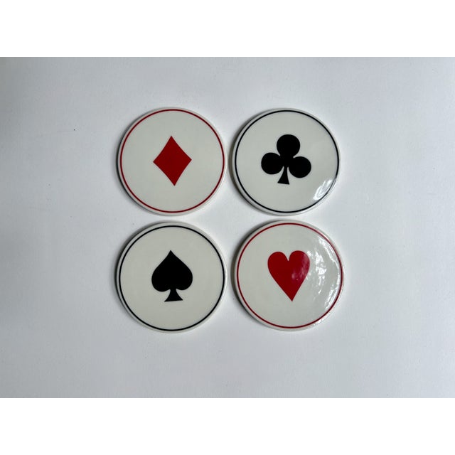 Classic Set of Four Restoration Hardware "Ace" cork backed Ceramic Tile Coasters. Featuring durable, circular White...