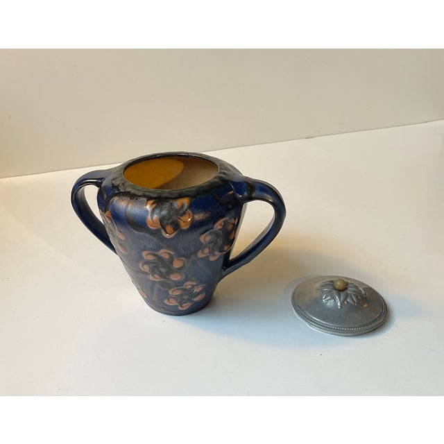 Blue Antique Glazed Ceramic Urn with Pewter Lid by Herman August Kähler, 1890s For Sale - Image 8 of 11