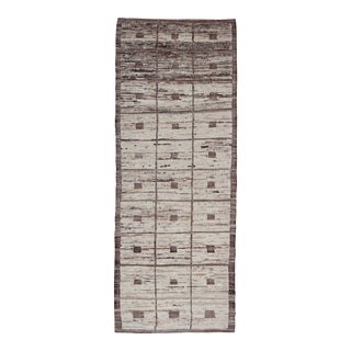 Modern Hand-Knotted Runner in Wool With Box Design in Brown and Neutral Tones 3'5 X 9'4 For Sale