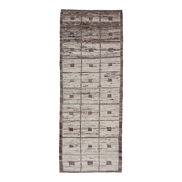 Modern Hand-Knotted Runner in Wool With Box Design in Brown and Neutral Tones 3'5 X 9'4 For Sale