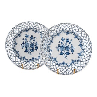 Pair of Antique German Blue + White Reticulated Plates (C. 1905) For Sale