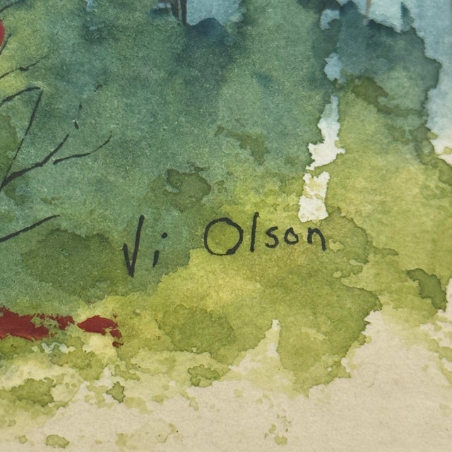 A vintage original watercolor by Minnesota artist Vi Olson, featuring a peaceful grove of white birch trees in layered...