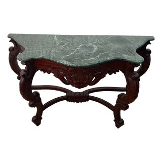 Vintage Victorian Rococo Revival Console Table Carved Mahogany, Green Marble Top For Sale