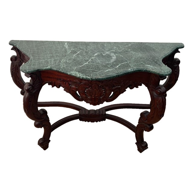 Vintage Victorian Rococo Revival Console Table Carved Mahogany, Green Marble Top For Sale