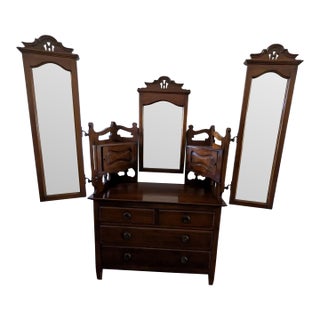 Antique Victorian Solid Cherry Dressing Chest With Triple Mirrors, C. 1880–1900 For Sale