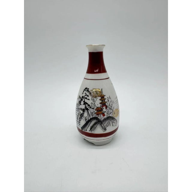 Antique Japanese Porcelain Sake Bottle With Gold House and Ink Landscape Design For Sale - Image 4 of 6