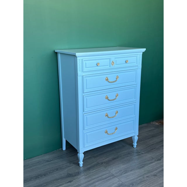 This is a solid built chest of five drawers with dovetail joint This chest is newly refinished in blue Hydrangea satin...