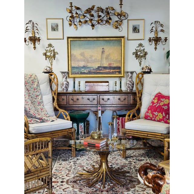 Vintage Hollywood Regency Style Gilt Sheaf of Wheat Round Glass Top Table For Sale - Image 10 of 10