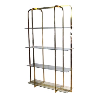 1970s Vintage Milo Baughman Style Brass Glass Etagere Shelf For Sale