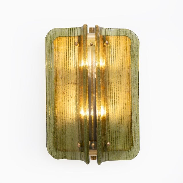 Mid-Century Modern Curved, Ribbed Murano Glass and Brass Wall Sconces, 2000, Set of 2 For Sale - Image 3 of 10