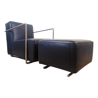 Leather and Chrome ABC Model Reclining Lounge Chair with Ottoman by Antonio Citterio for Flexform, 1980s, Set of 2 For Sale