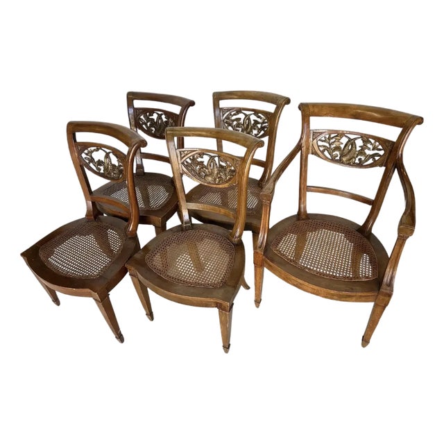 Set of 5 Italian Neoclassical Dining Room Chairs With Giltwood Dolphin Backs For Sale