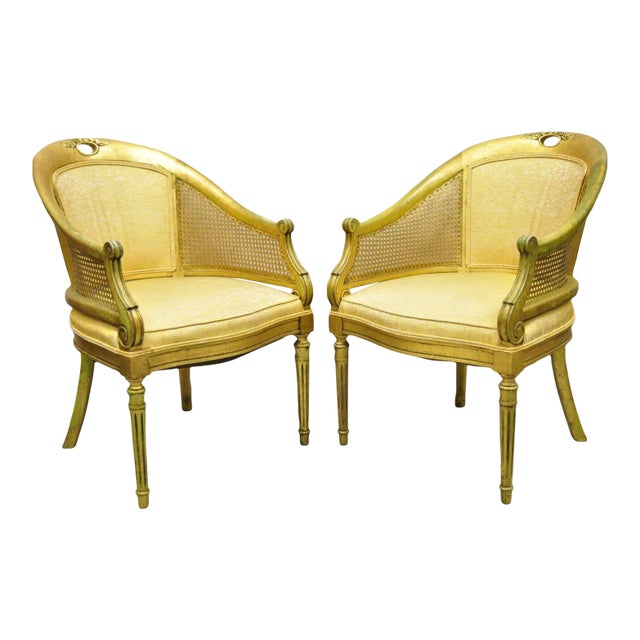 French Hollywood Regency Gold Gilt Barrel Back Cane Lounge Chairs a