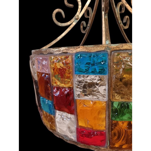 Wrought Iron and Hammered Glass Pendant Light by Longobard, Italy, 1970s For Sale - Image 6 of 10