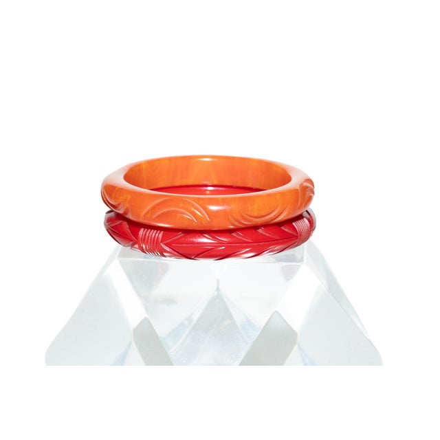 Vintage Carved Bakelite Bangle Bracelets in Red and Orange, 1930's, Pair Of For Sale - Image 15 of 17
