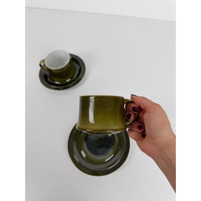 Mid-Century Scandinavian Olive Green Glazed Cups and Saucers, 1970s, Set of 12 For Sale - Image 6 of 18