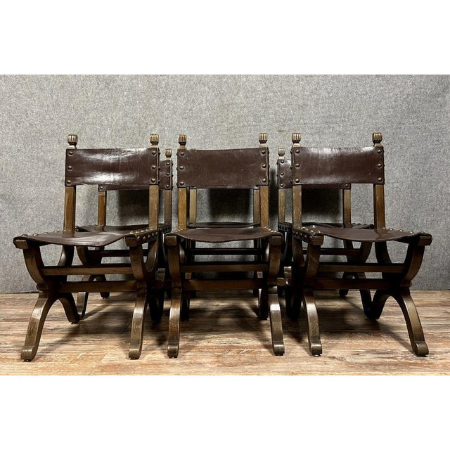 19th Century Medieval Chairs in Wood and Leather, Set of 6 For Sale - Image 9 of 9