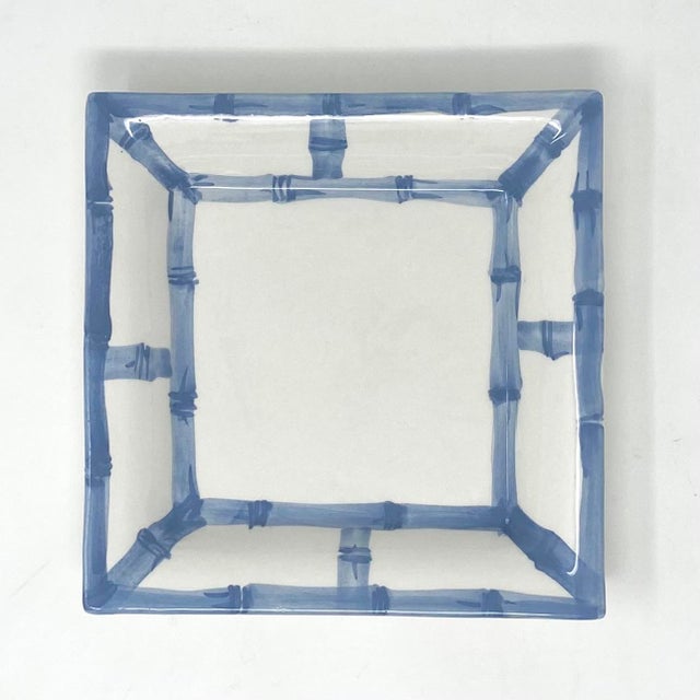 Italian Fret Rim Tray — Italian Hand-Painted Ceramic, Bamboo Motif, Slate Blue For Sale - Image 3 of 3