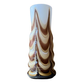 Mid-Century Modern Italian Brown and White Swirl Pulled Feather Murano Glass Vase by Carlo Moretti, 1970s For Sale
