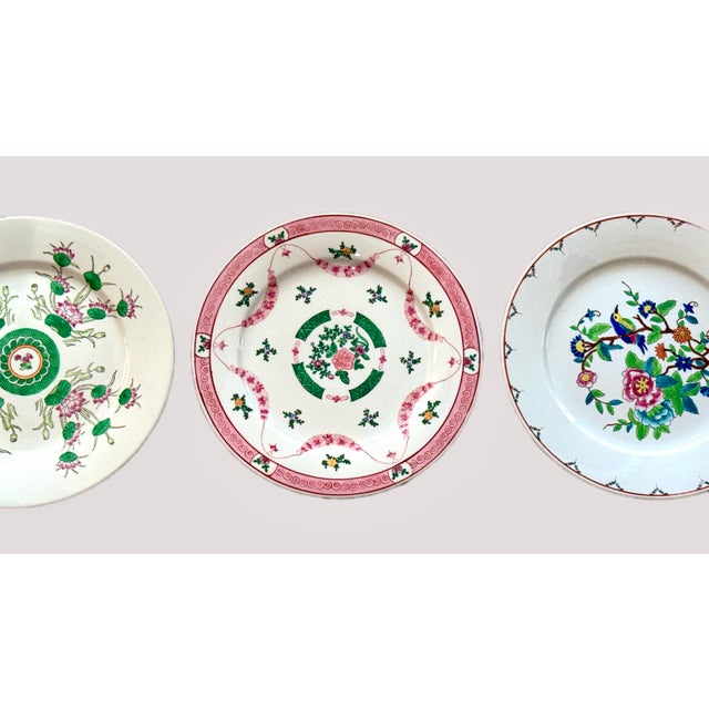 Ceramic Pink and Green Floral Chinoiserie Decorative Plates - Set of 3 For Sale - Image 7 of 11