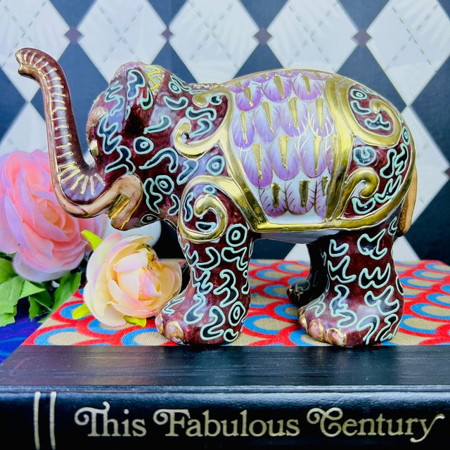 1980's Pair Decorative Ceramic Elephant Figurines in Burgundy, Pink & Gold Chinoiserie, Export Marks For Sale - Image 16 of 16