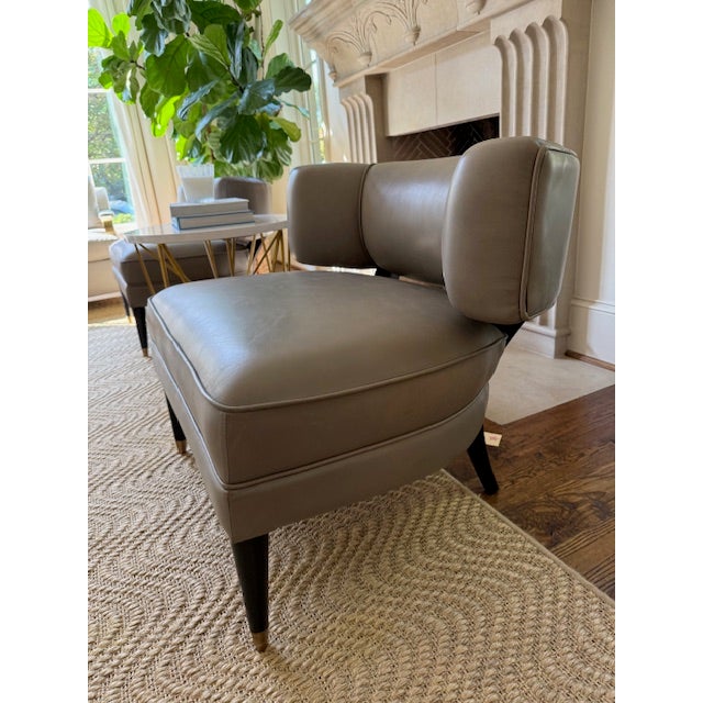 2020s Arteriors Laurent Mid Century Morel Grey Leather Black Wood Occasional Chairs For Sale - Image 5 of 11