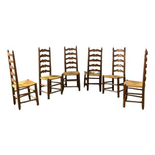 Vintage French Country Ladderback Chairs in Oak and Rush, 1960s, Set of 6 For Sale