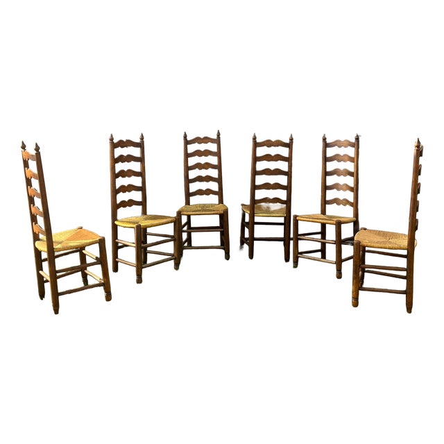 Vintage French Country Ladderback Chairs in Oak and Rush, 1960s, Set of 6 For Sale