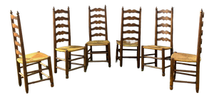 Vintage French Country Ladderback Chairs in Oak and Rush, 1960s, Set of 6