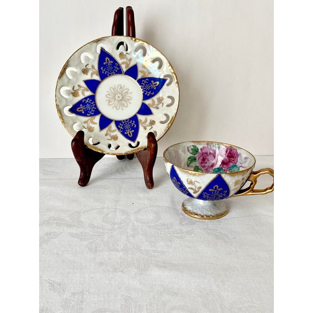 Vintage Ucagco Ceramics Japan Porcelain Teacup and Saucer Set Cobalt Blue Pink Rose Lusterware Pierced Scalloped Rim Mid-Century Excellent Condition For Sale - Image 11 of 13