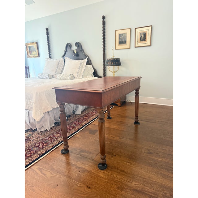 Vintage Regency-Style Figured Yew & Tooled Leather Writing Desk For Sale - Image 10 of 10