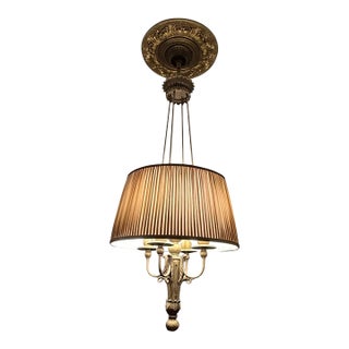 Late 20th Century Maitland-Smith Four Light Bouillotte Chandelier, Large Hand Made Silk Shade, Unique Architectural Design, Burnished Bronze Finish For Sale