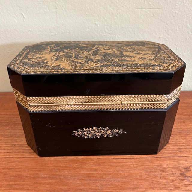 Mid-Century Modern 1950s Black Italian Murano Glass Hinged Casket Box With Signed Hand Painted Scene C1950s For Sale - Image 3 of 10