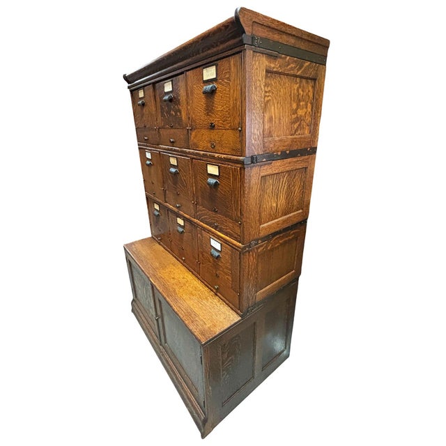 Antique Mahogany 9 Drawer File Cabinet Credenza W/ Art Deco Pulls & Metal Straps For Sale In Los Angeles - Image 6 of 14