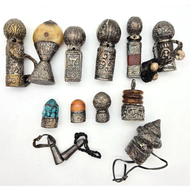 Campaign Lot of Tibetan Silver and Mixed Metal Wax Seal Stamps, Set of 13 For Sale - Image 3 of 10