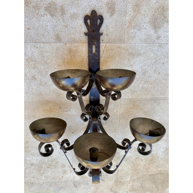 Pair of Big Spanish Hand-Forged Iron Wall Sconces, Mid-20th Century For Sale - Image 6 of 11