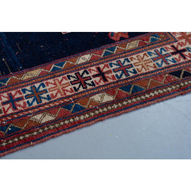 1920s Antique Caucasian Geometric Floral Medallion Navy Red Rug Wool Low Pile Hand-Knotted - 4’2” X 6' For Sale - Image 5 of 10