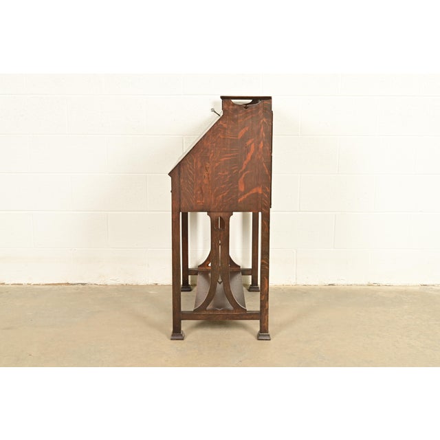 Stickley Brothers Style Antique Mission Oak Arts & Crafts Drop Front Secretary Desk With Inlaid Marquetry, Circa 1910 For Sale - Image 14 of 16